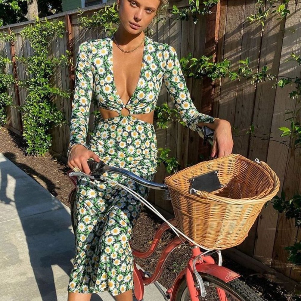 AFRM Lola Daisy Long Sleeve Cutout Ring Midi Dress